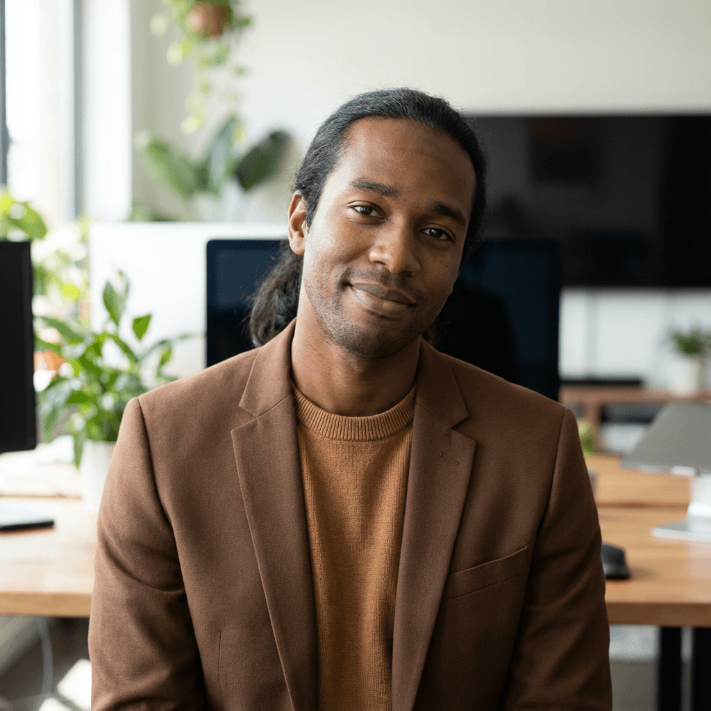 Male office administrator in his mid 40s, Black, professional and approachable appearance, in a bright office setting