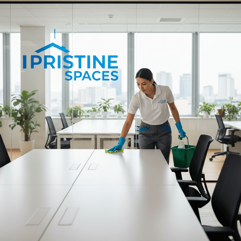Professional cleaner wiping down a surface in a modern office