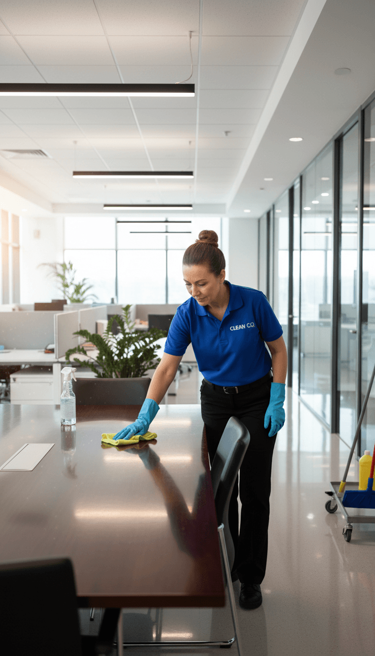 Professional cleaner wiping down surfaces in a commercial office building