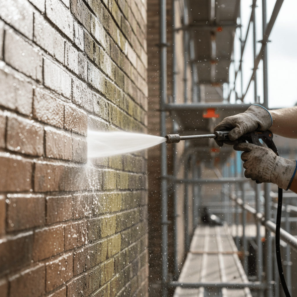 Commercial building exterior being cleaned with pressure washing equipment