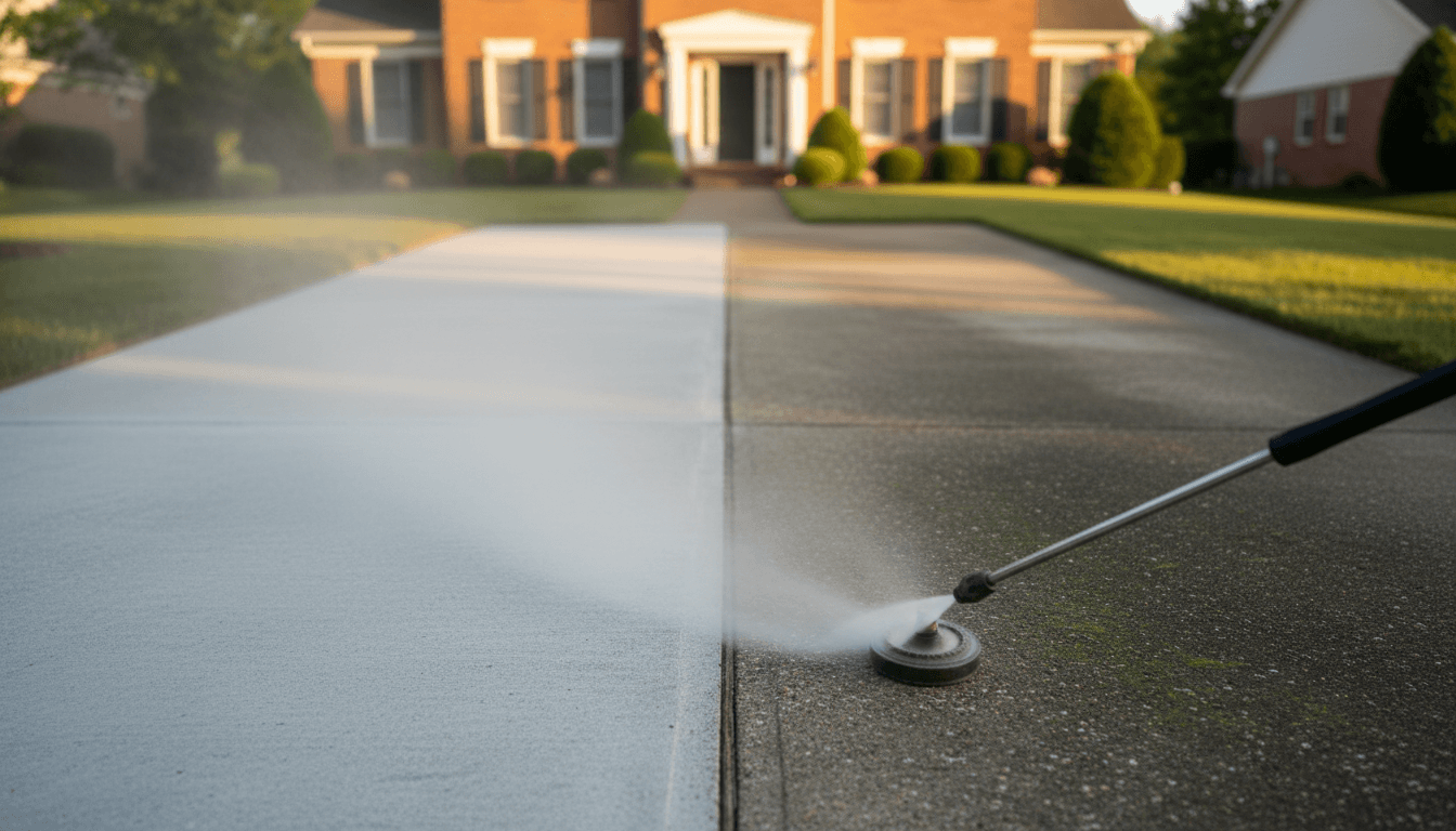 Clean storefront glass and concrete sidewalk after pressure washing