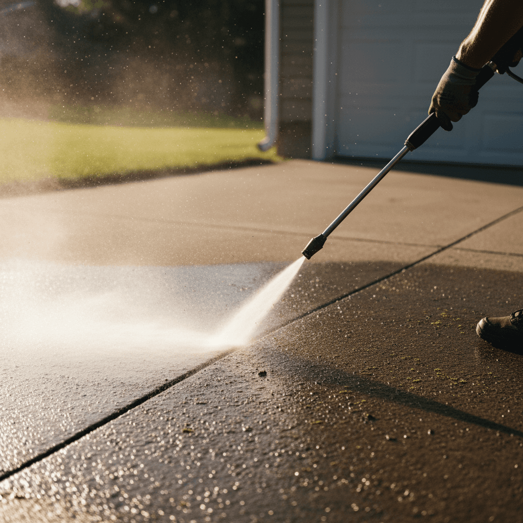 Pressure washing a concrete walkway