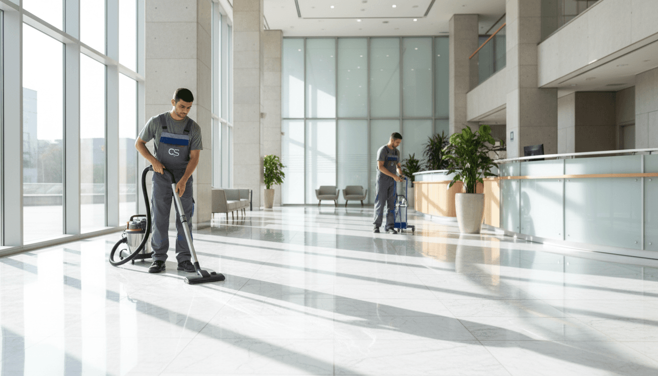 Commercial cleaning crew working in a bright office lobby