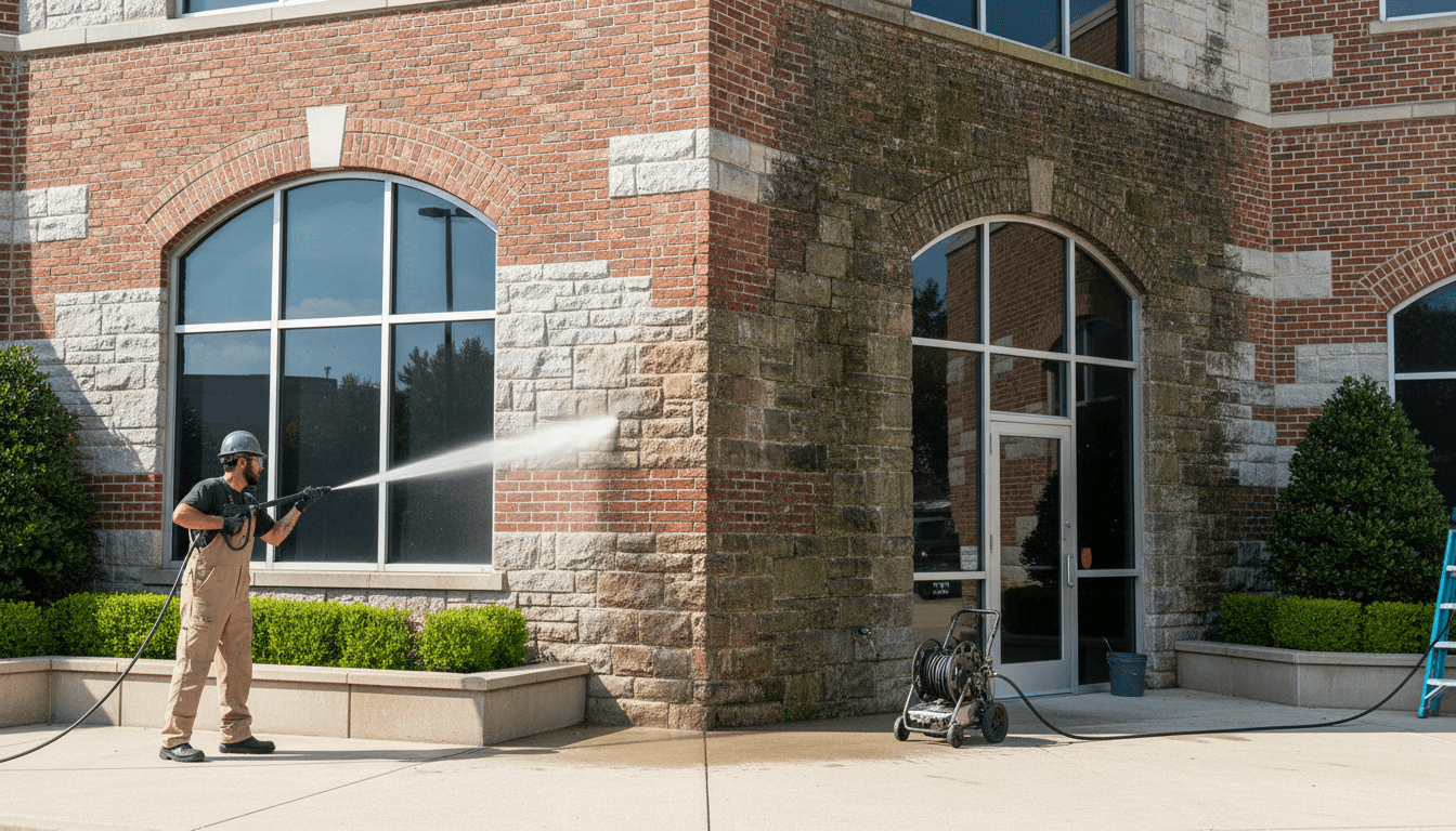 Commercial building exterior before and after pressure washing