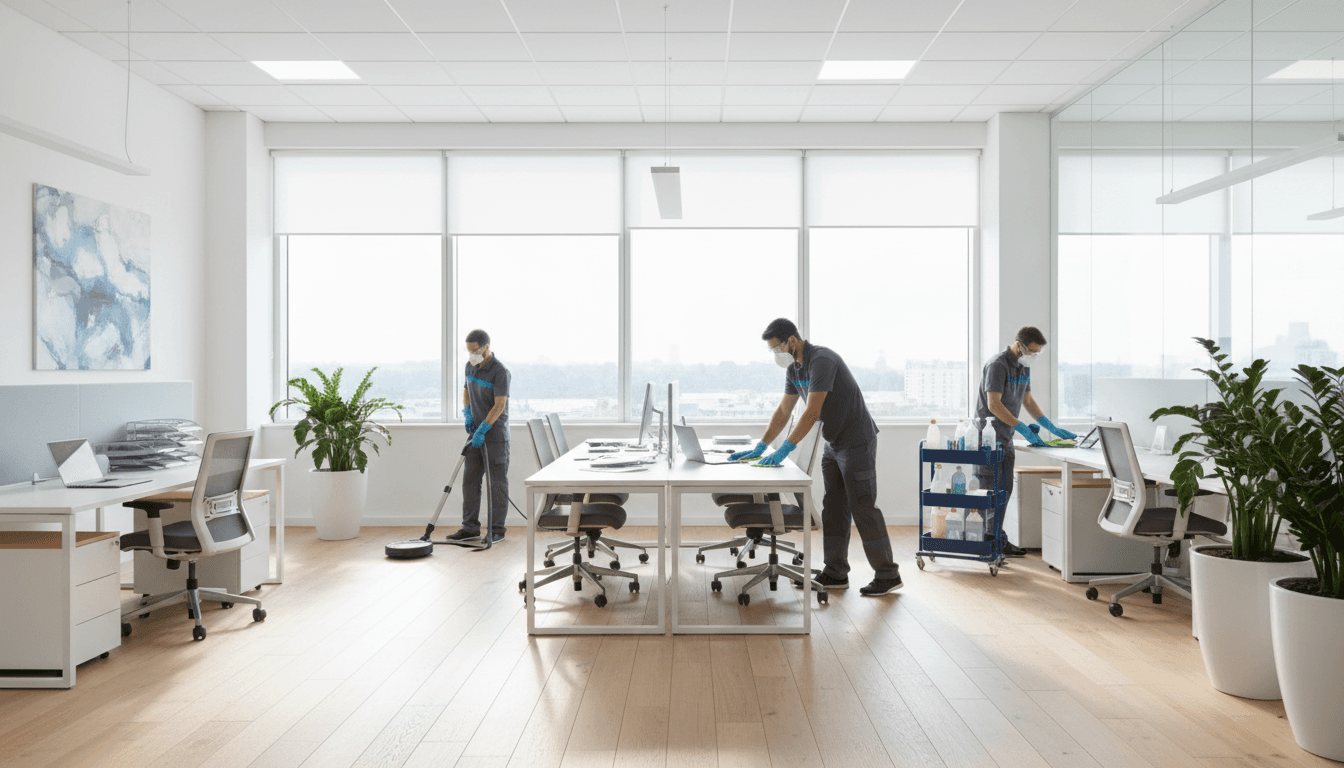 Janitorial crew cleaning and maintaining a commercial building interior in Charlotte