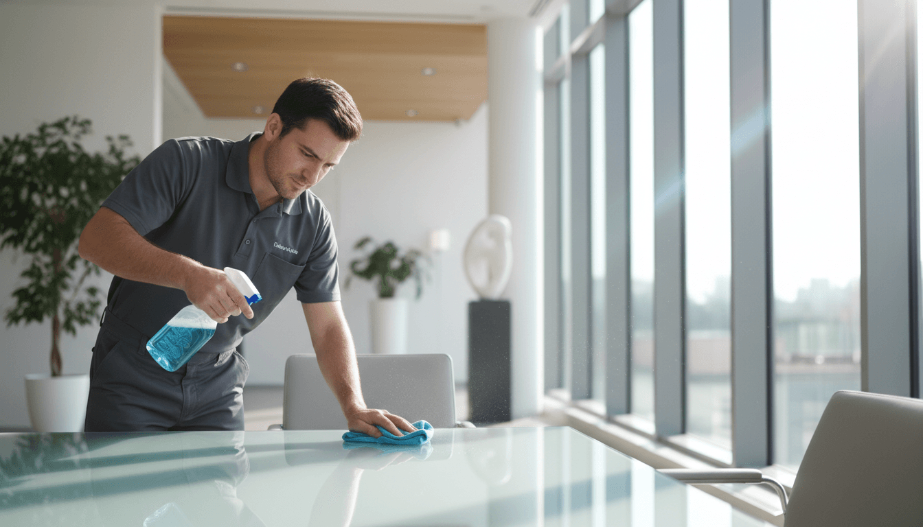 Commercial cleaner polishing a lobby floor