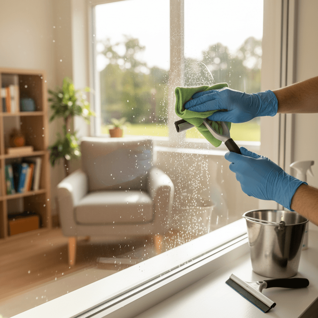 Professional cleaner washing storefront windows