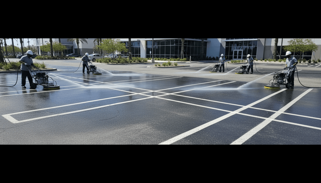 Sparkling clean commercial parking lot after pressure washing