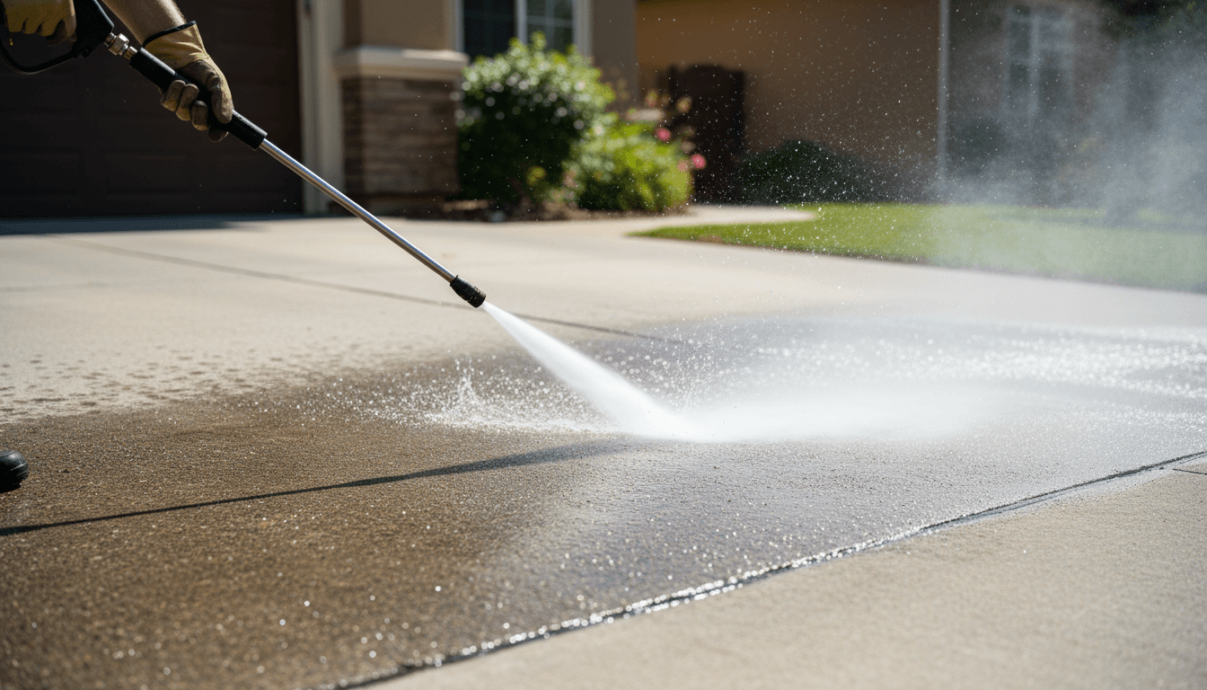 Close-up of operator using high-pressure water spray to clean weathered residential driveway with powerful jet