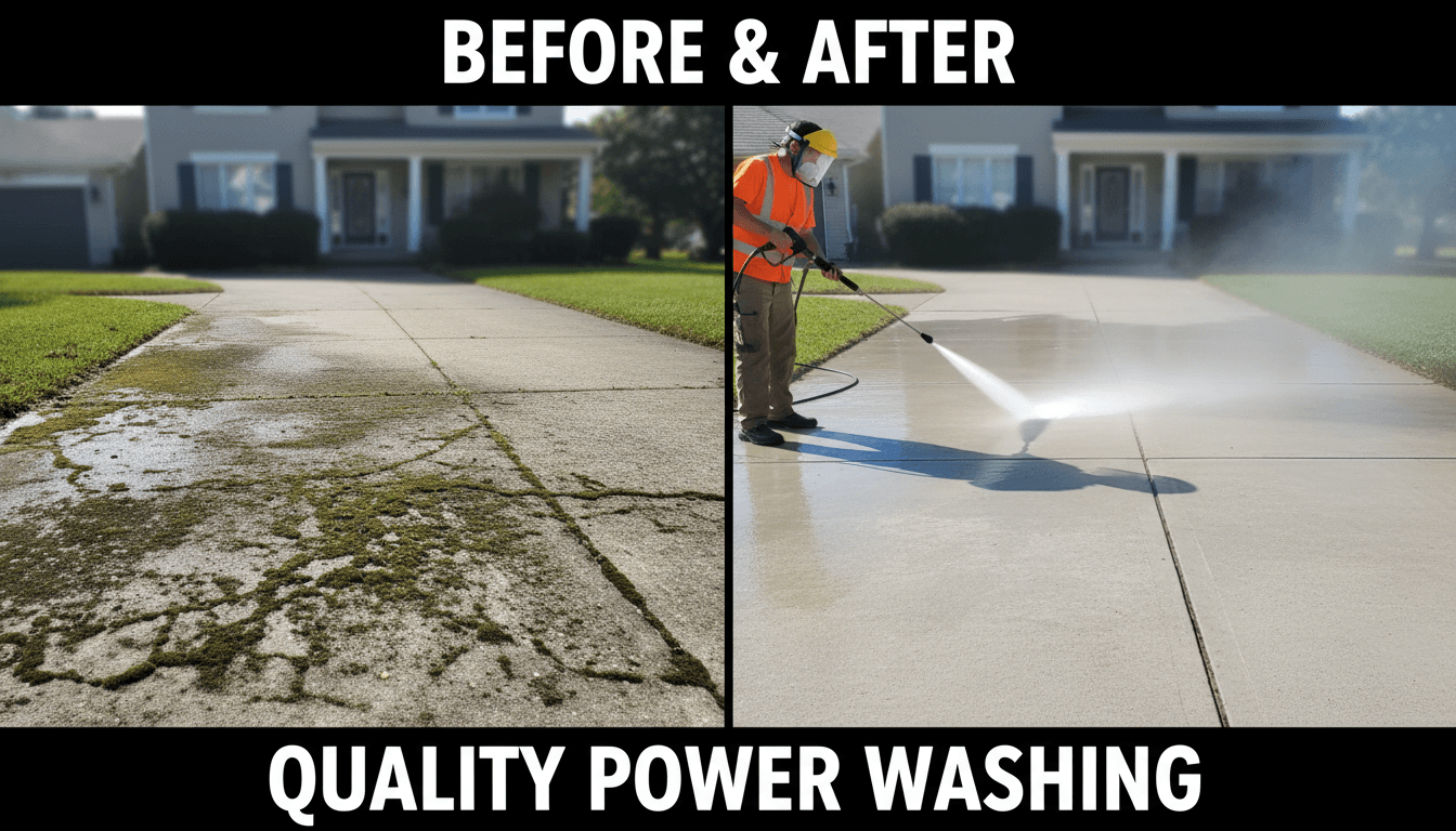 Before and after comparison of commercial building exterior pressure washing