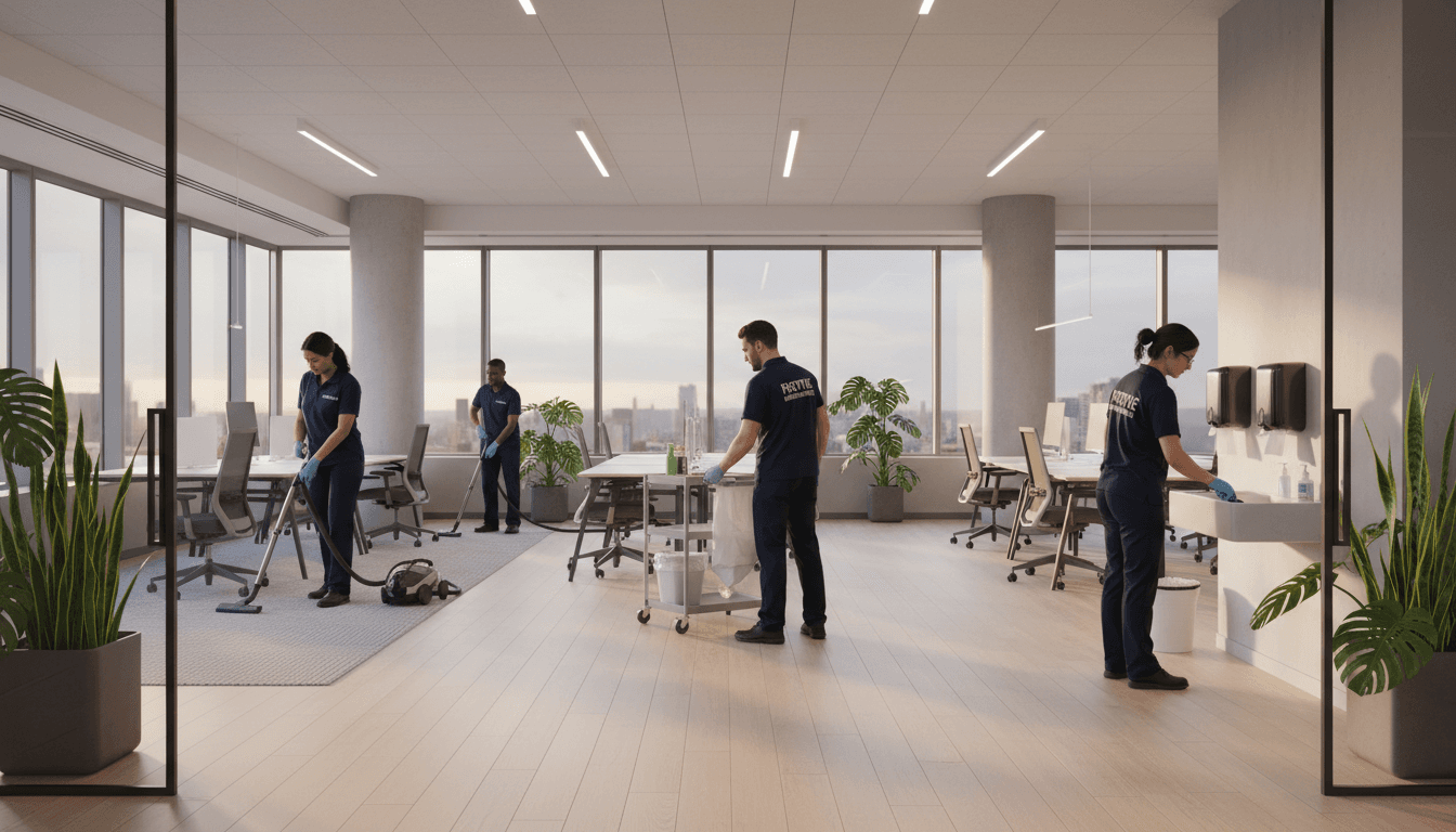 Janitorial team cleaning office interior with vacuum and mop