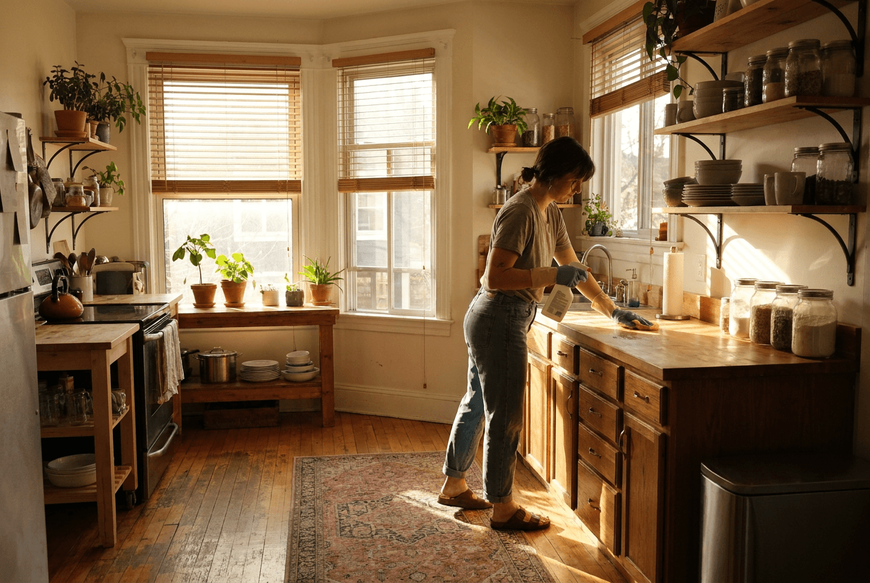 Janitorial worker mopping a commercial kitchen floor