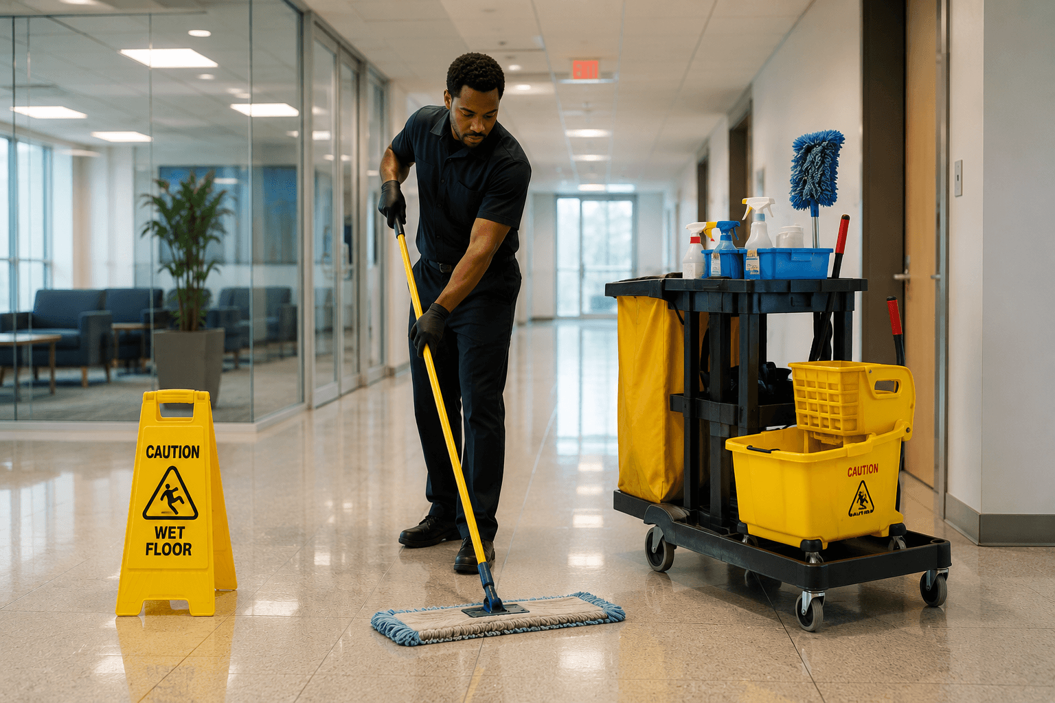 Janitor mops a shiny office hallway beside a cleaning cart and yellow caution sign.