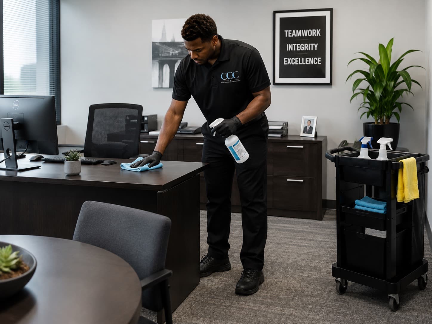 Professional cleaner in black uniform sanitizing a dark wood desk in a modern office.